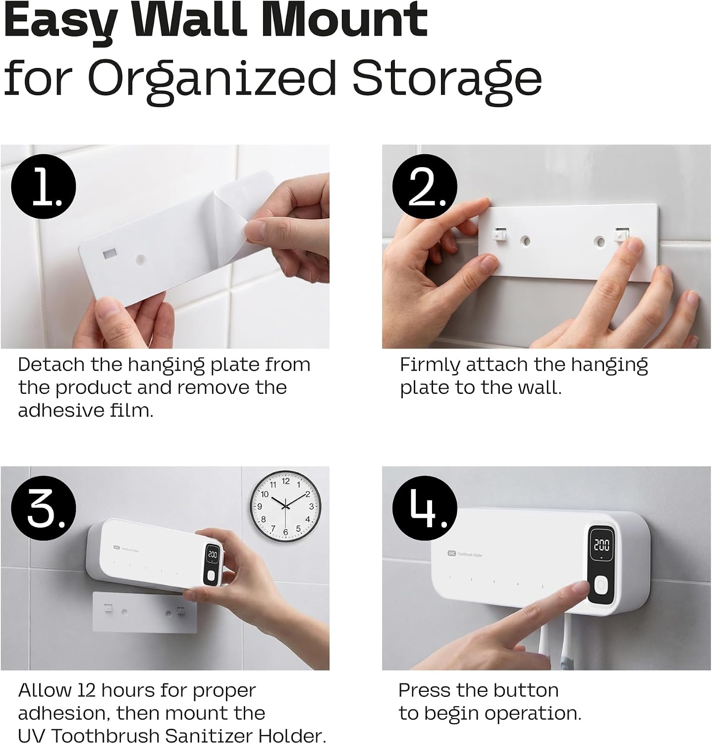 UV Toothbrush Sanitizer Holder Wall Mounted - Electric Tooth Brush Cleaner Holders Sanitizing Cleaning Air Drying with UV-C Light LED Screen Smart Cover - Mount Organizer for Bathroom Mirror