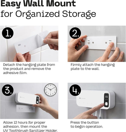 UV Toothbrush Sanitizer Holder Wall Mounted - Electric Tooth Brush Cleaner Holders Sanitizing Cleaning Air Drying with UV-C Light LED Screen Smart Cover - Mount Organizer for Bathroom Mirror