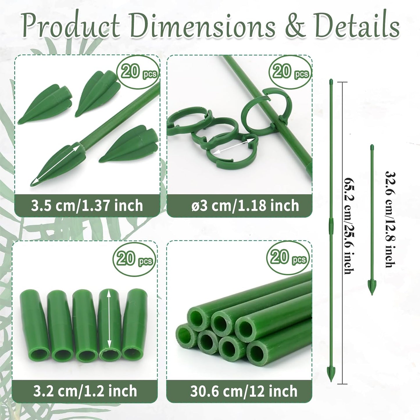 20 Pcs Plant Support Stakes, 12.83" Indoor Plant Stakes Adjustable Length, Garden Sticks for Indoor Outdoor Plants, Plant Poles with with Rings Clip for Potted Plants Tomato Monstera Orchid
