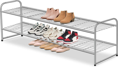 AOODA Long 3 Tier Metal Shoe Rack for Closet Wide Stackable Shoe Storage Organizer for Entryway, Bedroom, Floor, 24-Pairs Men Sneakers Shoe Shelf with Wire Grid, Black