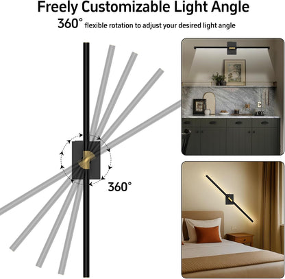 iThird Battery Operated Wall Sconces Set of 2: 10000mAh Rechargeable Wall Lights with Remote Control, 360° Rotate Wireless Wall Scone Decor for TV/Mirror Bedroom Living Room, 31.5 Inch, Black