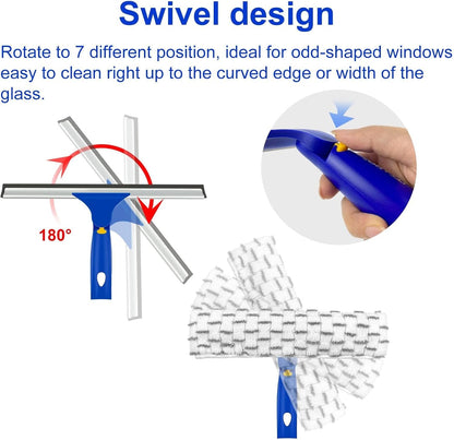 81" Window Squeegee Cleaner, Window Cleaning Tool Kit,12" Squeegee and 11" Microfiber Scrubber Combi with Stainless Steel Pole for Car,Sliding Door,Shower Glass Door-Swivel Style-2 Pads