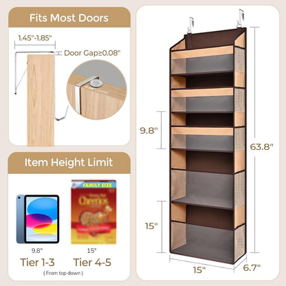 5 Tiers Over the Door Organizer with 10 Mesh Side Pockets, 44 lbs Weight Capacity Closet Hanging Storage Organizer with Large Clear Window Kids Toys, Shoes, Diapers, Beige