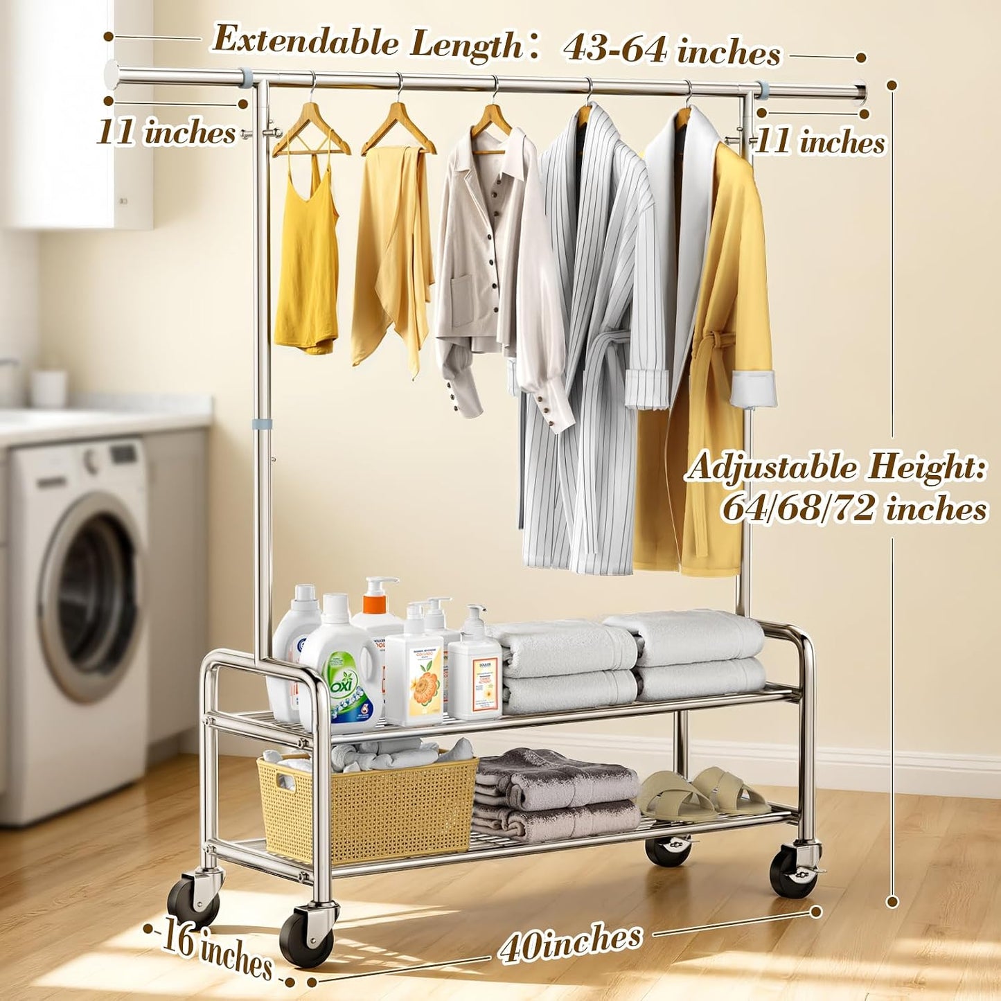 Upgraded 100% Stainless Steel Clothing Rack Load 760LBS, Heavy Duty Clothes Racks with Larger & Sturdy Wheel, Extendable & Adjustable Rolling Garment with Shelves for Hanging Portable Closet Rack