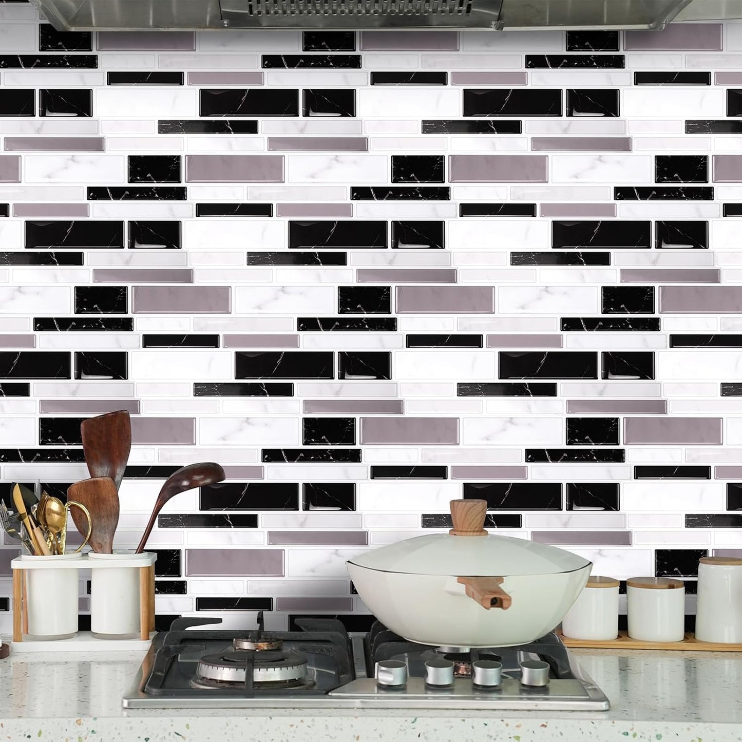 24 Sheet Peel and Stick Tile Backsplash Sticks for Kitchen 10"x 5" Back Splashes Self Adhesive Waterproof Tile Wall Paper for Bathroom Kitchen Backsplash, RV, Fireplace, Black/White Marble Look
