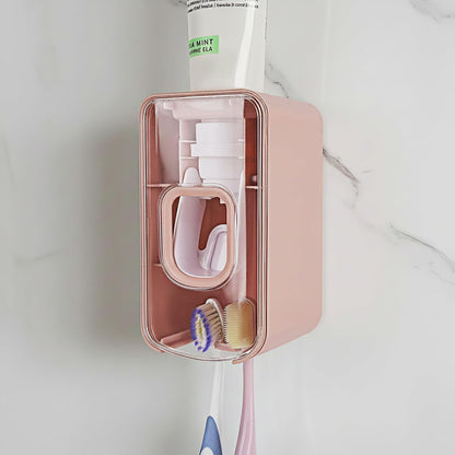 2 Slot Toothbrush Holder and Toothpaste Dispenser Wall Mounted, Automatic Toothpaste Squeezer, 2 in 1 Tooth Brush Toothpaste Organizer for Shower (Grey)
