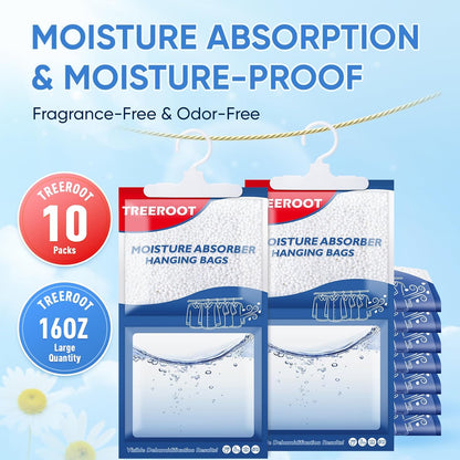 10 Pack Moisture Absorbers for Closet, 16OZ Hanging Closet Dehumidifier Bags, Hanging Humidity Absorber in Wardrobes, Kitchens and Bathrooms, Fragrance Free Portable Moisture bags
