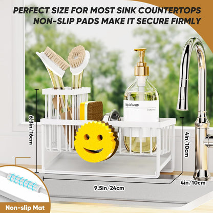 Sponge Holder for Kitchen Sink,Smiley Face Sink Caddy with Removable Brush Holder,Self-Draining Sponge Caddy for Soap,Dish Brush,Scrubber,Kitchen Essentials and Gadgets-Silver