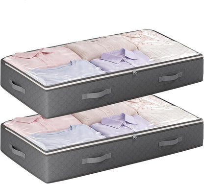 Budding Joy 90L Under Bed Storage Containers, 4 Pack Closet Organizers Grey | Foldable underbed storage bins for linen sheets, blanket, clothing, comforter, sweaters, pillows, wrapping paper