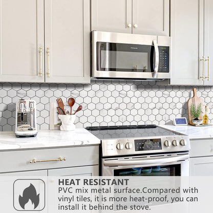 STICKGOO Peel and Stick Backsplash for Kitchen, Self-Adhesive Tile Hexagon Mosaic Tiles (10 Sheets, White Marble with Metal Gold )