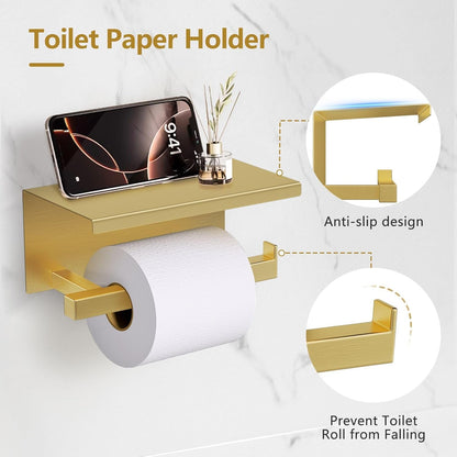 TQKAG Brushed Gold Bathroom Hardware Accessories Set 10 Pieces, 23.6" SUS304 Stainless Steel Towel Bar Set Wall Mounted Includes Single Towel Bar, Towel Ring, Toilet Paper Holder, Double Towel Hooks