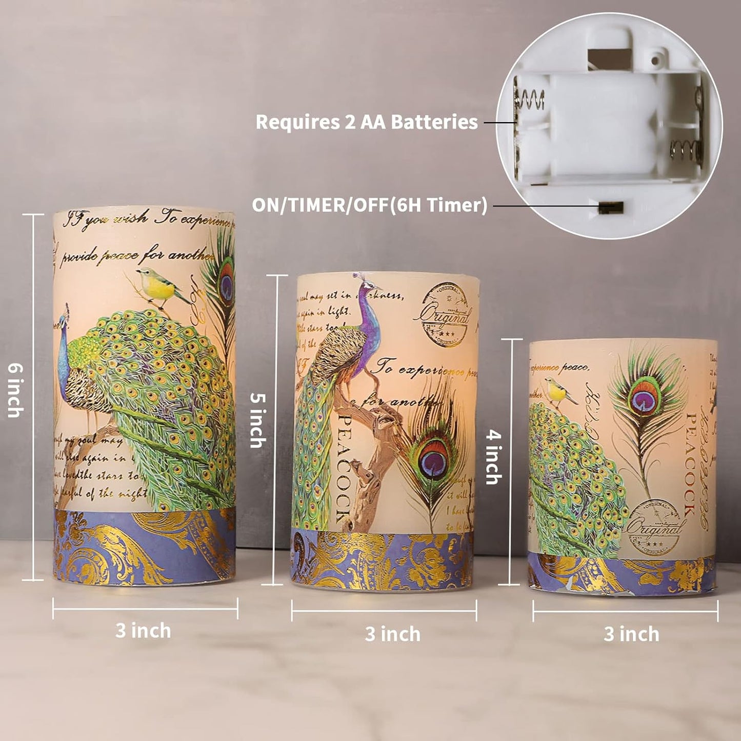 Glass Flameless Candles Flickering Battery Operated LED Pillar Candles Set of 3 with Timer and and 10-Key Remote Green Branch Floral Spring Summer Theme for Wedding Festival Home Decoration