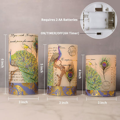 Glass Flameless Candles Flickering Battery Operated LED Pillar Candles Set of 3 with Timer and and 10-Key Remote Green Branch Floral Spring Summer Theme for Wedding Festival Home Decoration