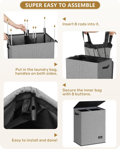 SOLEDI Luxury Double Laundry Hamper with Lid and Removable Bags, 38.3 Gal Large Laundry Bin, Laundry Basket 2 Sections, Collapsible Clothes Hamper for Bedroom, Laundry Room, Bathroom, Off-white
