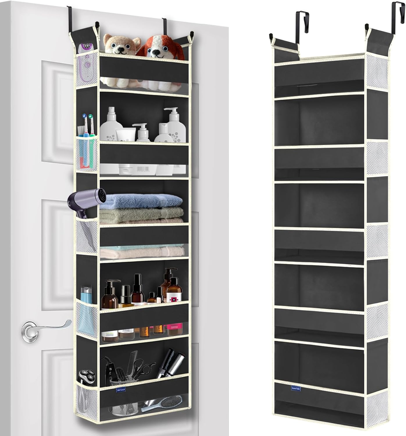 Over The Door Organizer 5-Shelves and 10 Side Pockets, Over The Door Storage for Bathroom Bedroom Nursery, Hanging Door Organizer for Baby Diapers and Kids Toys (13"x5"x44", Grey)