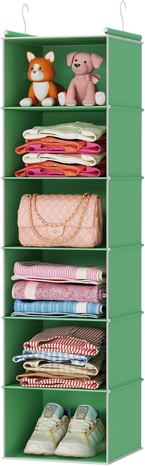 MAX Houser 6 Tier Shelf Hanging Closet Organizer, Closet Hanging Shelf with 2 Sturdy Hooks for Storage, Foldable (Grey)