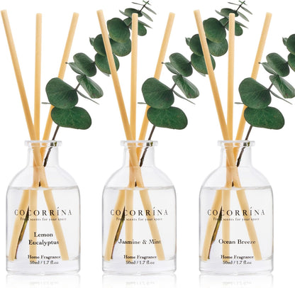 COCORRÍNA Eucalyptus Reed Diffuser Set of 3 - Eucalyptus & Moss, Clean Linen, Ocean Mist Scents, 1.7 fl oz Each, Total 5.1 oz, Scented Oil Diffusers for Home & Office