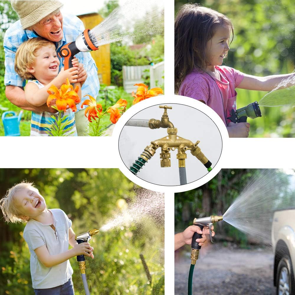 HQMPC Hose Splitter Garden Hose 3 Way Valve Brass Hose Splitter with Solid Long Handle Hose Spigot Splitter 3 Way Valve 3/4" GHT Thread