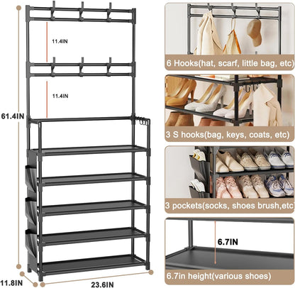 OYREL Shoe Rack 5 Tier Shoe Organizer Storage 15-20 Pairs Shoes Rack for Closet Entrance Shoe Rack Organizer with Hooks and Side Pocket Entryway Shoe Holder Space Saving Free Standing Shoe Racks