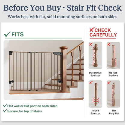 Cumbor 29.2–43" Baby Gate for Stairs, Hardware Mounted (Drill Required), Expandable No Bottom Bar Dog Gate, Auto Close Extra Wide Walk Thru, Pet & Toddler Proof Gate, Top & Bottom of Stairways (White)