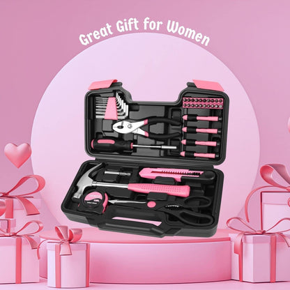 Flexzion 39 Piece Hand Tool Kits with Case - Compact Tool Kit for Handyman, Homeowners DIY - Household Tool Kit for Home with Portable Basic Tool Set Case, Pink