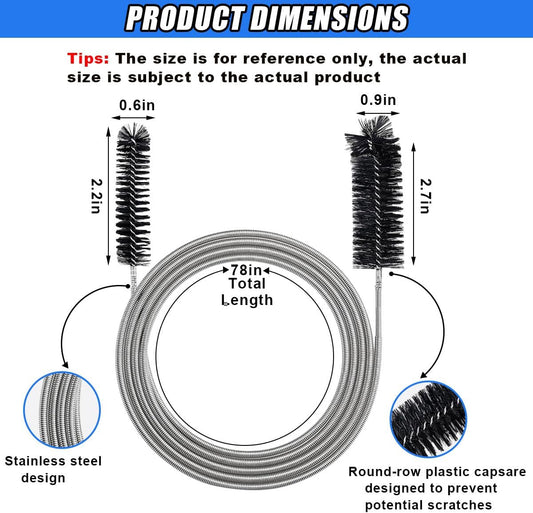 78 Inch Flexible Long Drain Brush, Nylon Stainless Steel Flexible Feeding Tube Cleaning Brush, Double Ended Elastic Slim Hose Pipe Brush Auto Sunroof Drain Hole Cleaner for Car Fridge (Black)