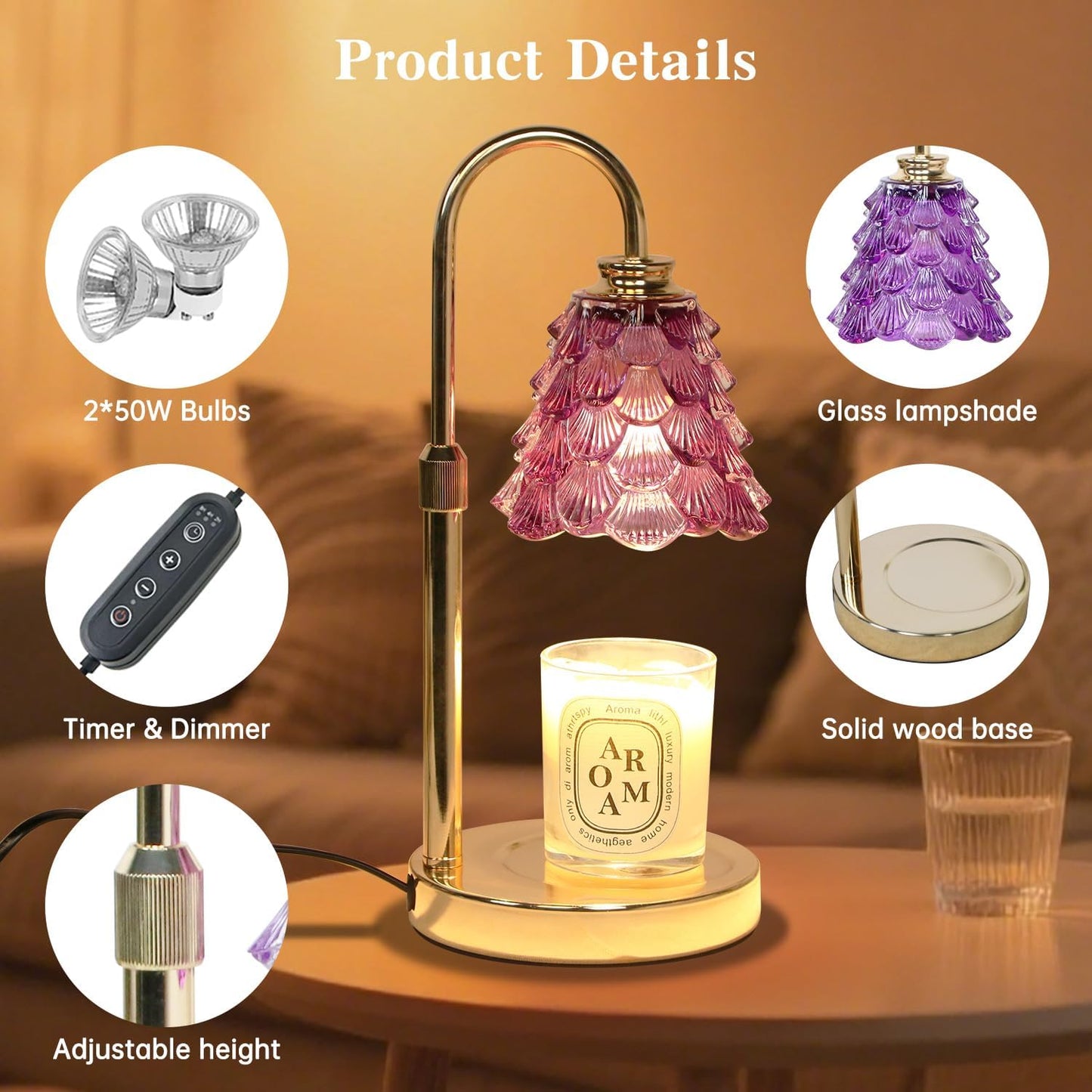 Fragrance Candle Warmer Lamp with 2 Bulbs Electric Candle Warmer with Timer & Dimmer for Home Decor