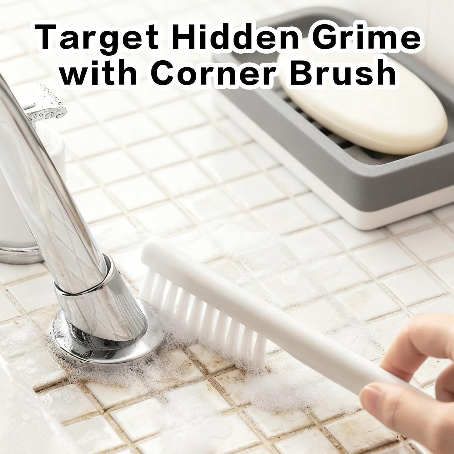 Silicone Toilet Brush Set with Corner Brush & Wall-Mounted Holder, No-Scratch Design with Drainage Holes, Adhesive Installation, White
