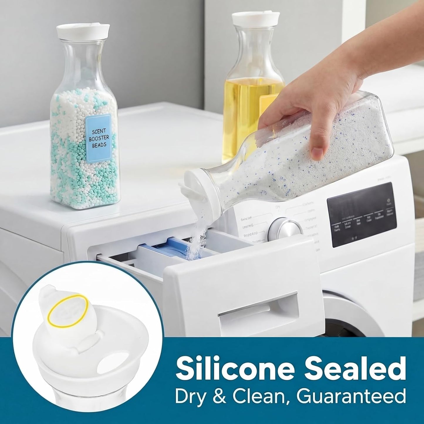 Goaste 4 Pack Laundry Detergent Dispenser, 54oz Laundry Soap Dispenser Bottle with Waterproof Label, Liquid Laundry Detergent Container, Plastic Fabric Softener Organizer for Bleach Powder Beads