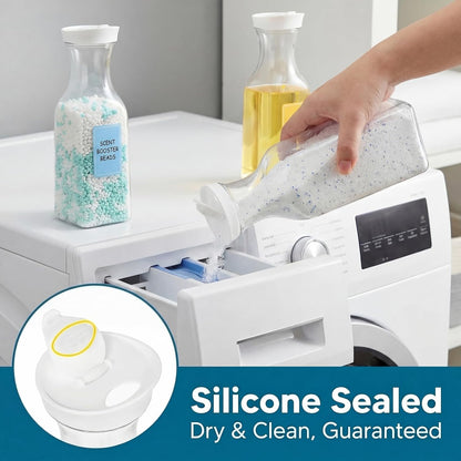 Goaste 4 Pack Laundry Detergent Dispenser, 54oz Laundry Soap Dispenser Bottle with Waterproof Label, Liquid Laundry Detergent Container, Plastic Fabric Softener Organizer for Bleach Powder Beads