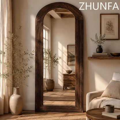 ZHUNFA Arched Full Length Mirror with Solid Wood Frame | 65x22 Farmhouse Wall Mirror Full Length with Stand, Vertical Hanging, Leaning Standing for Bedroom,Living Room, Rustic White