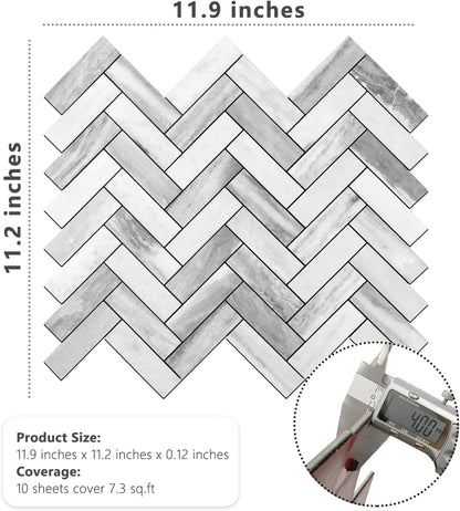 STICKGOO 10 Sheets Herringbone Peel and Stick Backsplash, Stick on Aluminum Composite PVC Kitchen Backsplash, Marble White Mixed Light Grey Look Self Adhesive Wall Tiles