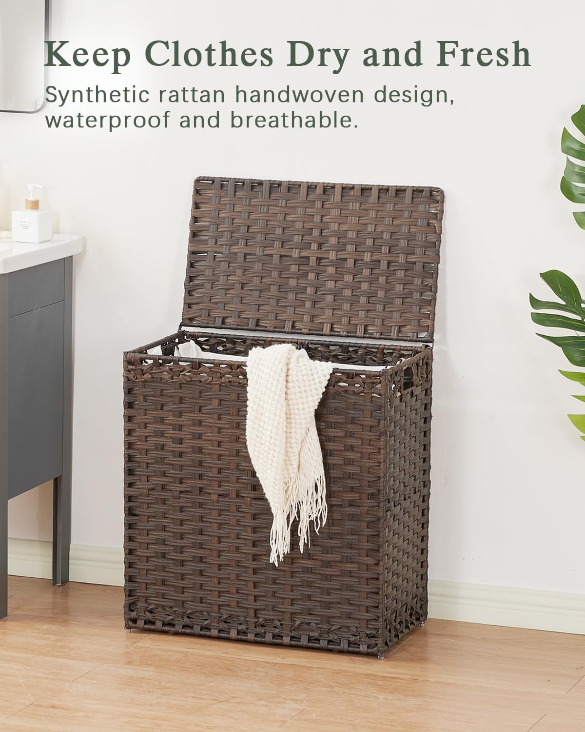 SETVSON Laundry Hamper with Lid Laundry Basket 132 L (35 Gal) Wicker Clothes Hamper, Handwoven Rattan Hamper with Handles and 4 Removable Liner Bags, 6 Mesh Bags for Laundry Bedroom Natural