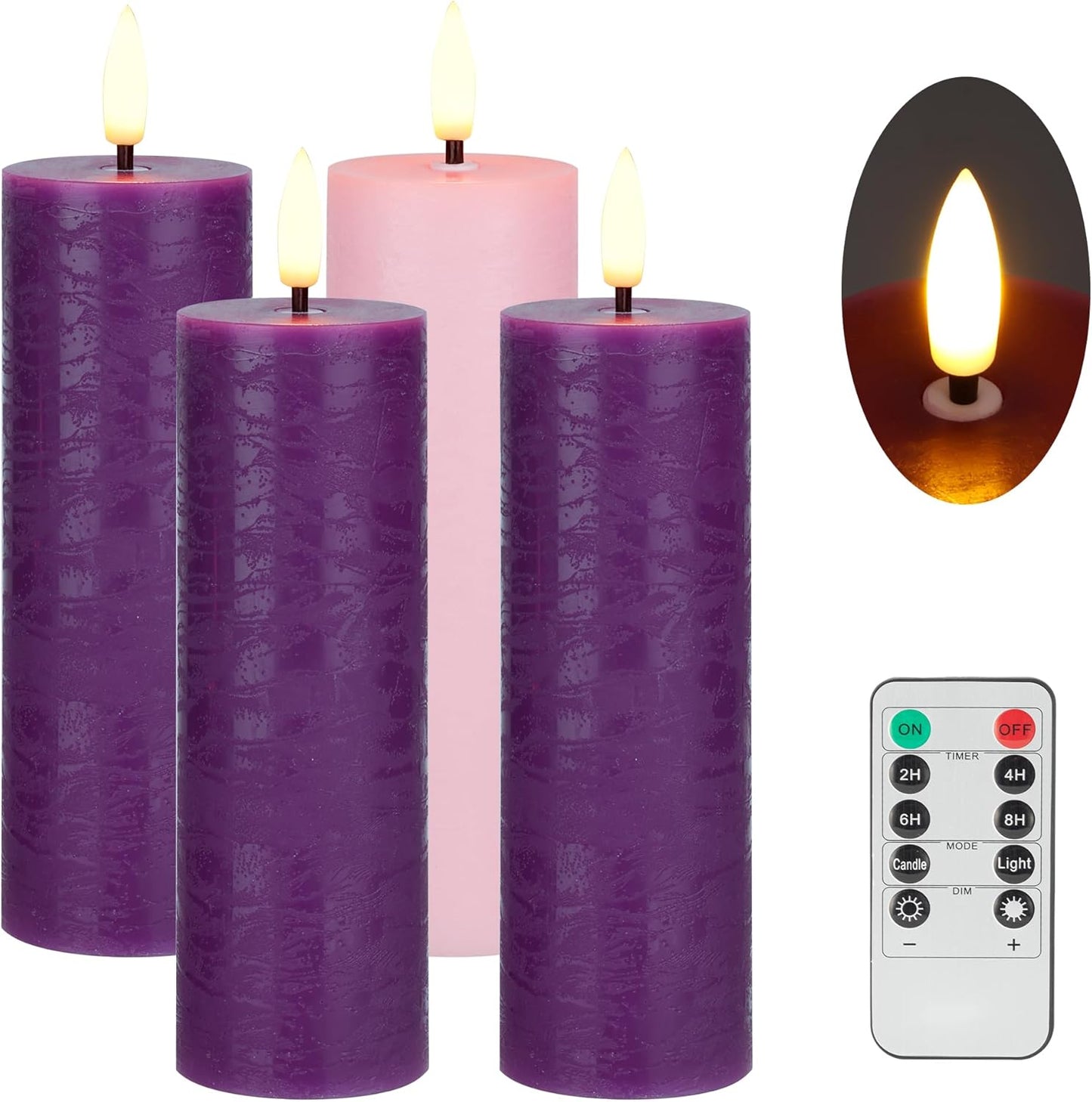 Flickering Flameless Candles, Real Wax Battery Operated Candles with Remote, Flat Top Led Flameless Pillar Candles for Home, Wedding, Party Decor, Set of 4, Φ 3" H 4" 5" 6" 8", Ivory