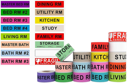 AveneMark 960 Count Home Moving Color-Coded Labels - 16 Rolls House Fragile Stickers, 4 Bedroom Blank Packing Labels for Box Supplies, 60 Labels per Roll, 1" x 4.5"