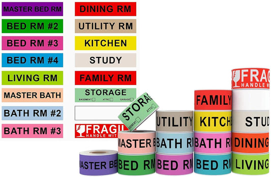 AveneMark 960 Count Home Moving Color-Coded Labels - 16 Rolls House Fragile Stickers, 4 Bedroom Blank Packing Labels for Box Supplies, 60 Labels per Roll, 1" x 4.5"