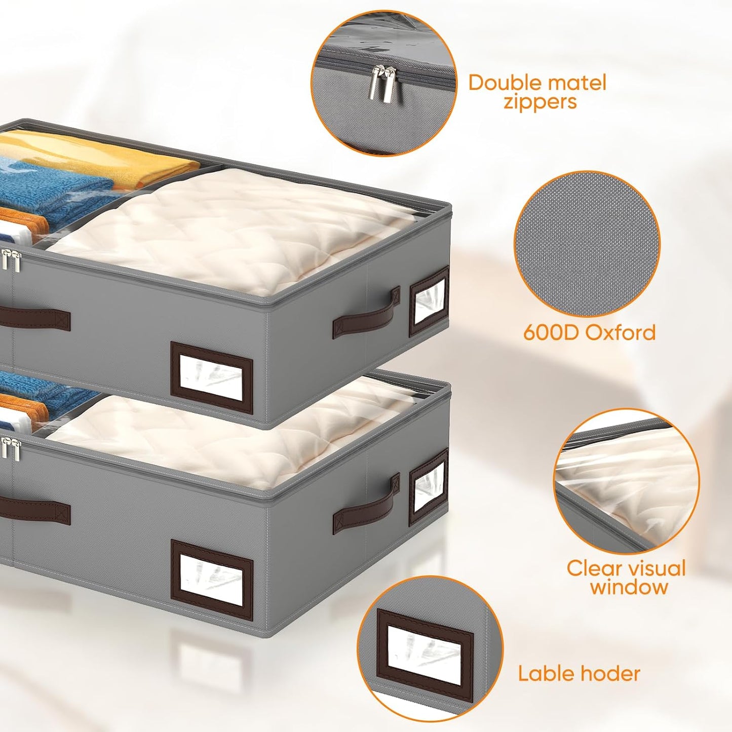 OIAHOMY 2 Pack 53L Under Bed Storage with Adjustable Dividers, 6" Low Profile Underbed Storage Bins for Comforters & Clothes, Save Closet Space with Clear View Lid & Reinforced Handles, Grey