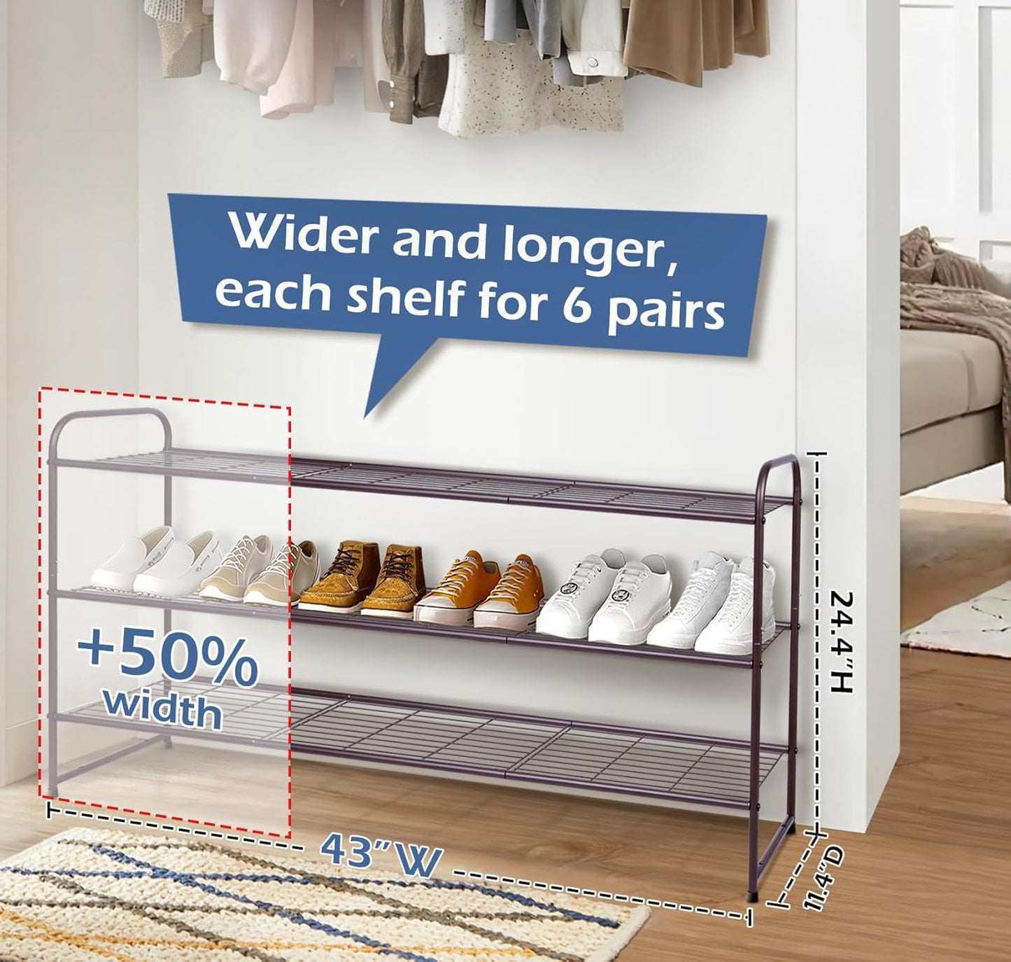 KEETDY 3-Tier Long Shoe Rack for Closet Metal Shoe Organizer for Entryway, Wide Stackable Shoe Storage Shelf with Sturdy Wire Grid for Closet Floor, Bedroom, Black