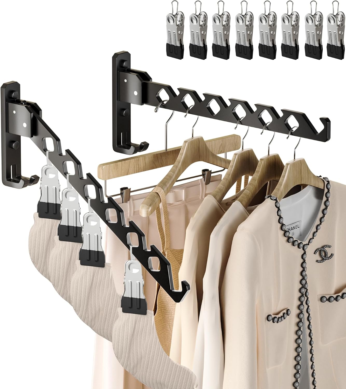Dr.DJ Wall Mount Coat Hanger Holder Black Clothes Drying Organizer Rack Garment Hooks Aluminium Retractable Folding Indoor Wall Mounted Hanger Space Saver for Laundry Room Bedroom Black 2Pack