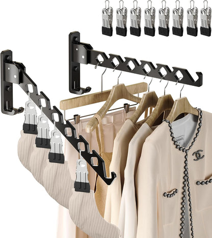 Dr.DJ Wall Mount Coat Hanger Holder Black Clothes Drying Organizer Rack Garment Hooks Aluminium Retractable Folding Indoor Wall Mounted Hanger Space Saver for Laundry Room Bedroom Black 2Pack