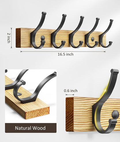 Optish Coat Rack Wall Mount, 16.5 Inches Wood Coat Hooks, Wall Hooks for Hanging, Hat Rack Bag Hanger Key Holder for Wall, Purse Hanger Towel Racks for Bathroom (1Pack, Brown)