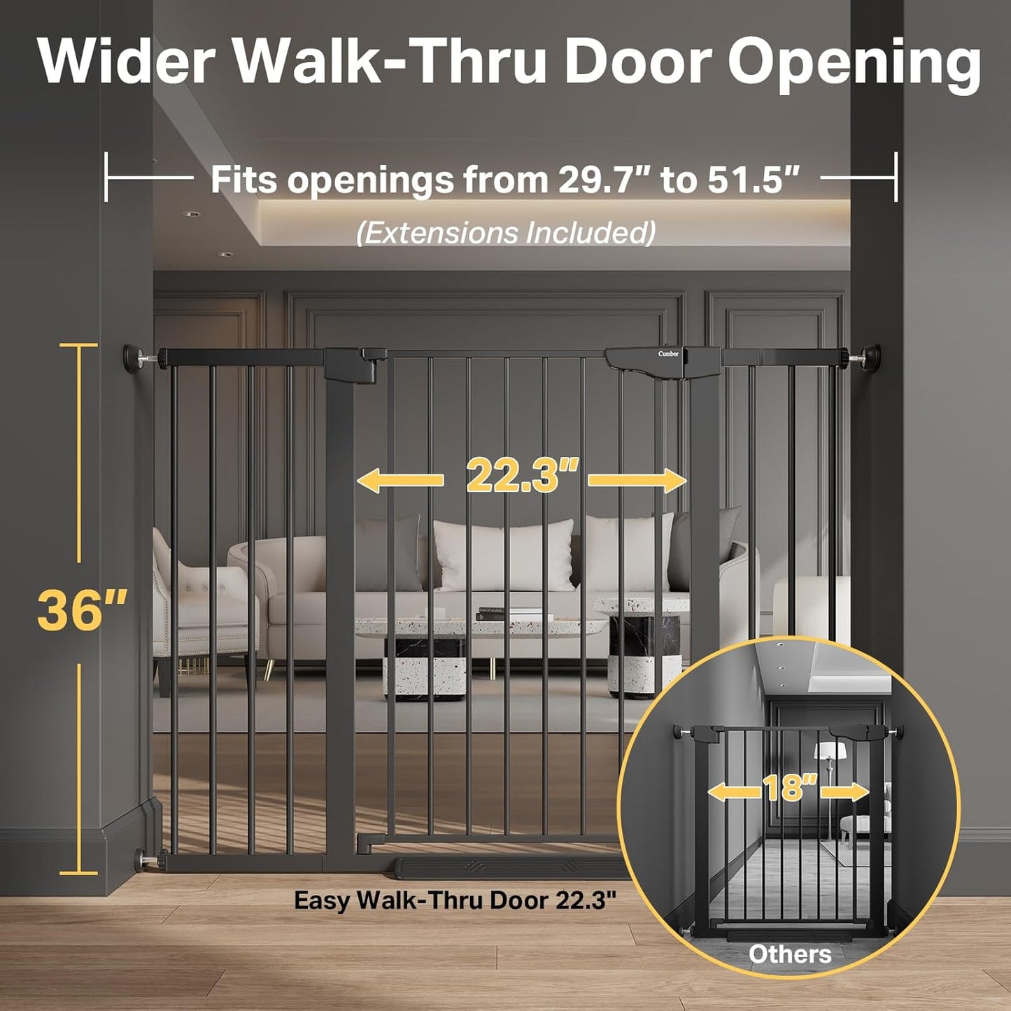 Cumbor 29.7-48" Baby Gate for Stairs, Mom's Choice Awards Winner-Dog Gate for Doorways, Auto Close Safety Pet Gate for Dogs Indoor, Easy Install Pressure Mounted Child Gate with Walk Thru Door, Brown