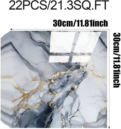 Chejiaye 10pcs Marble Peel and Stick Backsplash Waterproof Washroom Wall Panels, Peel and Stick Tile, PVC Foam Wall Panels for Kitchen,Bathroom,Living Room,Blue and Gold(Not Real Tile,11.8" x 11.8")