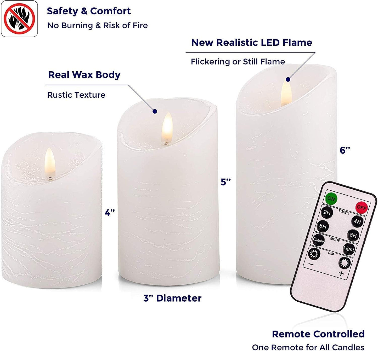 VENTA Set of 3 White Pillar Candles | Real Wax Battery Operated Flickering LED Candles with Remote | Timeless Decor for Farmhouse, Modern & Mantel Displays