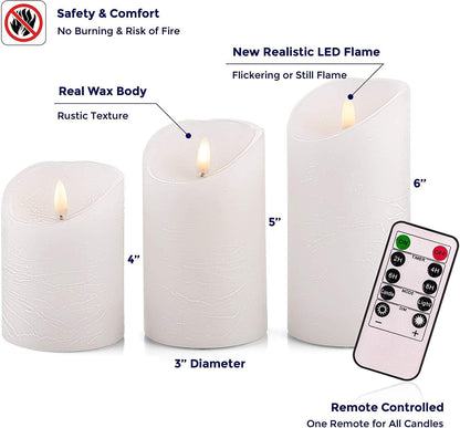 VENTA Set of 3 White Pillar Candles | Real Wax Battery Operated Flickering LED Candles with Remote | Timeless Decor for Farmhouse, Modern & Mantel Displays