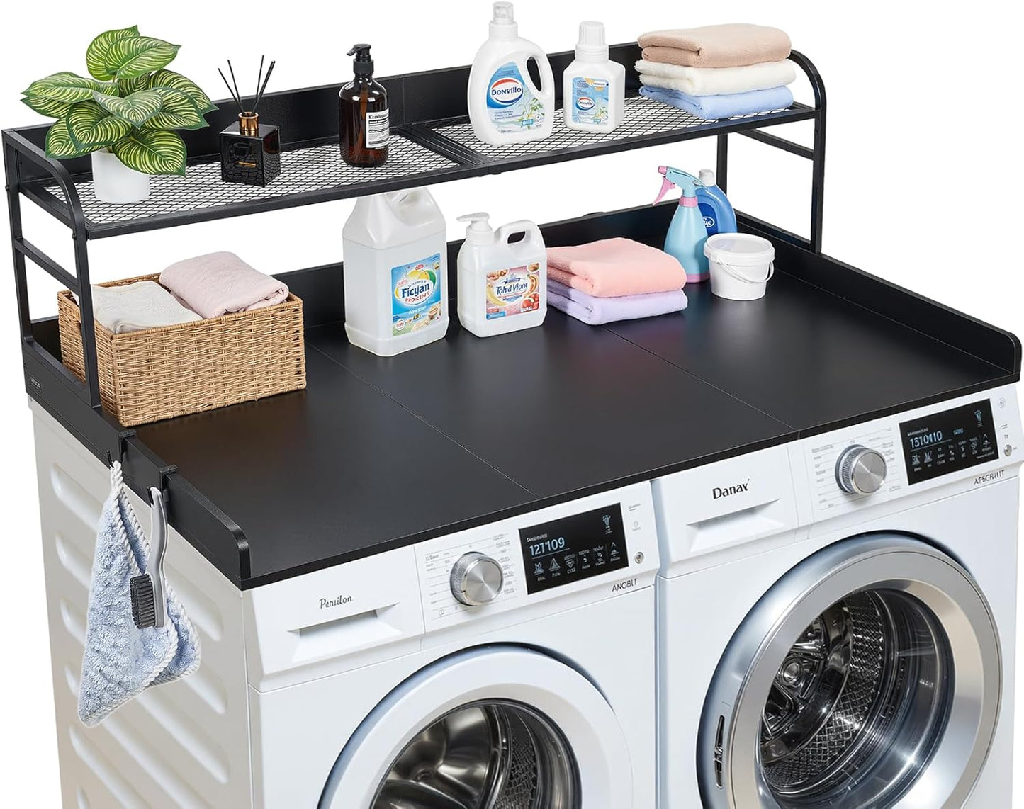 VEVOR Washer Dryer Countertop with 2-Tier Shelf, 54" x 27" Wooden Washer and Dryer Countertop with Anti-Slip Pads, Water-Resistant Laundry Topper Cover for Laundry Room Organization and Storage, Black