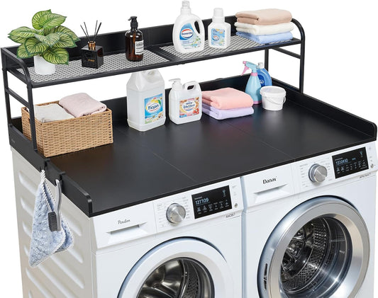 VEVOR Washer Dryer Countertop with 2-Tier Shelf, 54" x 27" Wooden Washer and Dryer Countertop with Anti-Slip Pads, Water-Resistant Laundry Topper Cover for Laundry Room Organization and Storage, Black