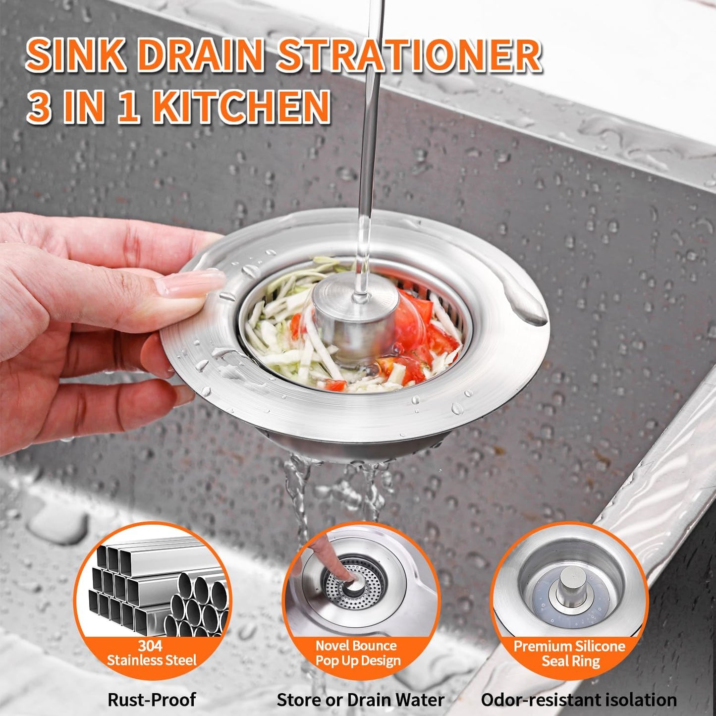 3-in-1 Kitchen Sink Drain Strainer - Pop Up Sink Stopper, Stainless Steel Sink Drain Strainer, Kitchen Sink Stopper & Drain Plug with Anti-Clogging Basket,Sink Strainer Fits US Standard 3-1/2'' Drains