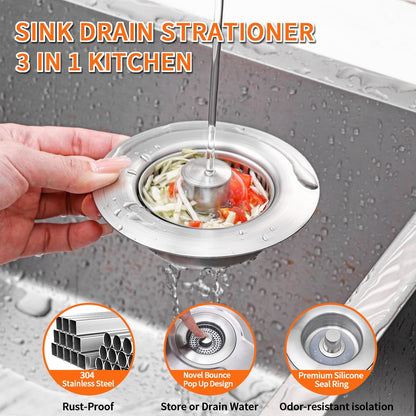 3-in-1 Kitchen Sink Drain Strainer - Pop Up Sink Stopper, Stainless Steel Sink Drain Strainer, Kitchen Sink Stopper & Drain Plug with Anti-Clogging Basket,Sink Strainer Fits US Standard 3-1/2'' Drains