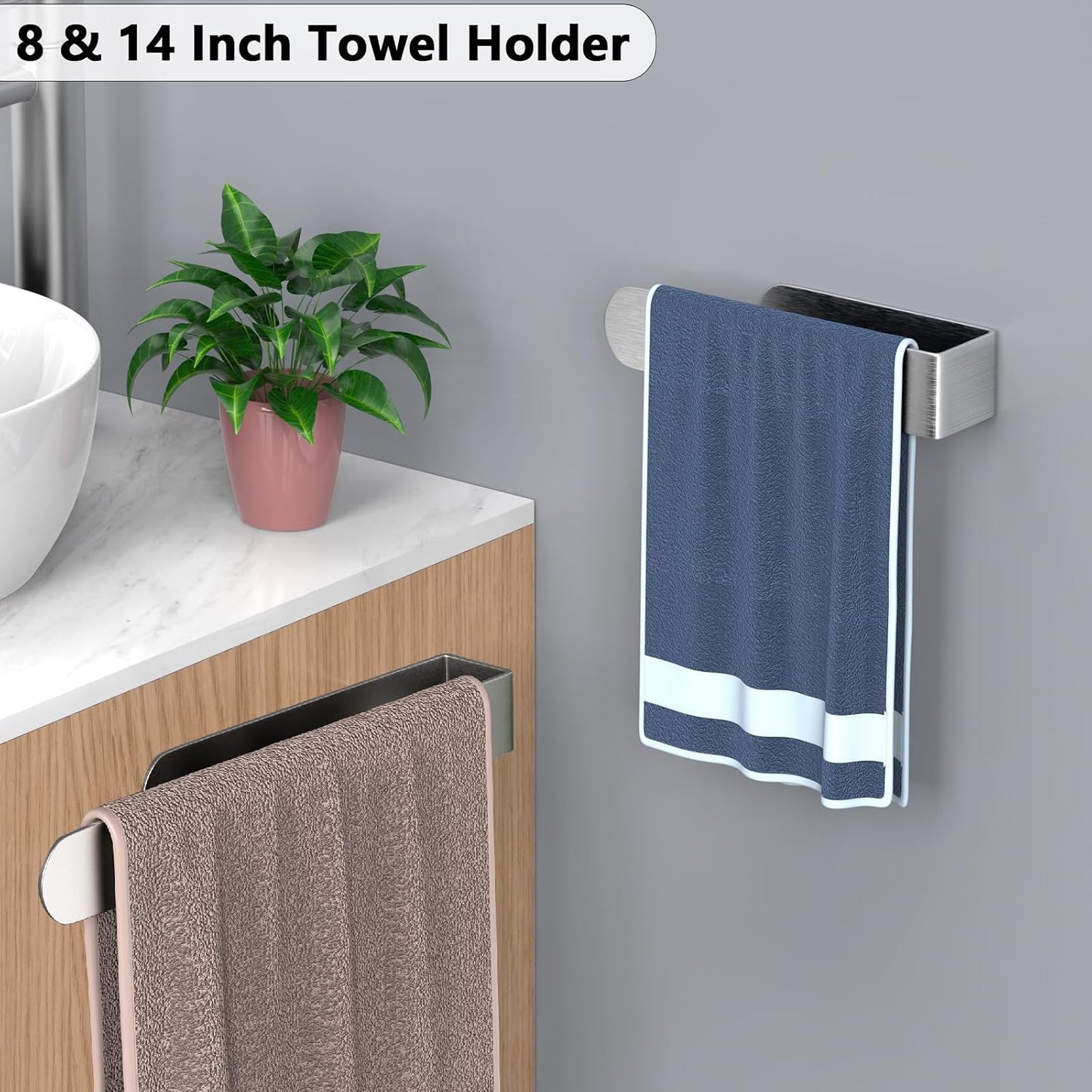 HUFEEOH 2 Pack Adhesive Hand Towel Holder, Kitchen Towel Rack Towel Bars Wall Mounted, Stainless Steel Bath Towel Hanger for Bathroom Hotel Kitchen (White, 8 Inch(2PC))